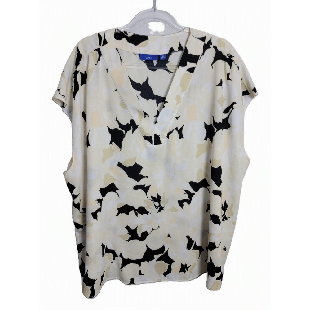 Apt 9 Womens 3X Blouse Ivory Black Floral V-Neck Short Sleeve Plus Size Top